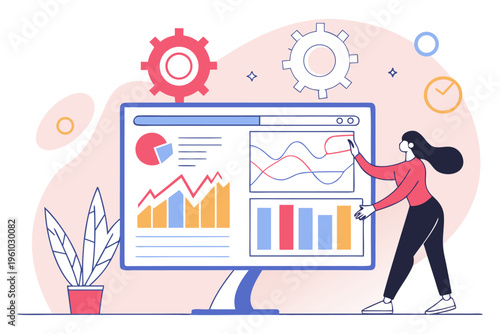 Business Data Analytics Dashboard with Charts, Graphs and Woman Analyst Vector Illustration