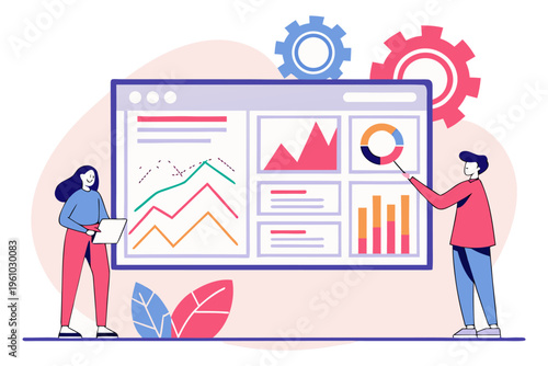 Business Data Analytics Dashboard with Charts, Graphs and Woman Analyst Vector Illustration