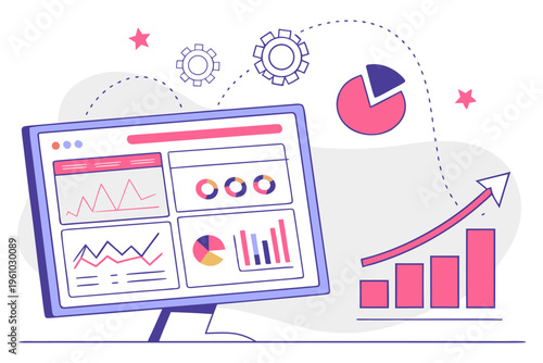 Business Data Analytics Dashboard with Charts, Graphs and Woman Analyst Vector Illustration