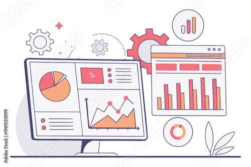 Business Data Analytics Dashboard with Charts, Graphs and Woman Analyst Vector Illustration