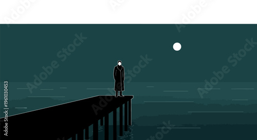 Man standing alone on pier at night looking out at sea under full moon feeling contemplative and melancholic