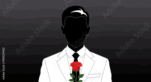 Silhouette man in white suit with red rose on black brick background symbolizing love and mystery