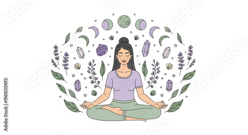 Beautiful woman meditating in lotus pose surrounded by purple crystals, lavender, leaves, and botanical elements in soft pastel colors on white background. Spiritual wellness and mindfulness concept.