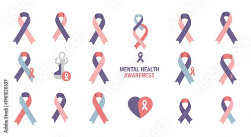 Mental health awareness ribbon icon set featuring pink, blue, and purple awareness ribbons in various styles including heart shape, loop, and symbolic designs on white background. 