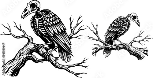 Vintage woodcut crow skeleton on dead tree branch, gothic raven skull vector illustration, dark macabre bird anatomy art for halloween