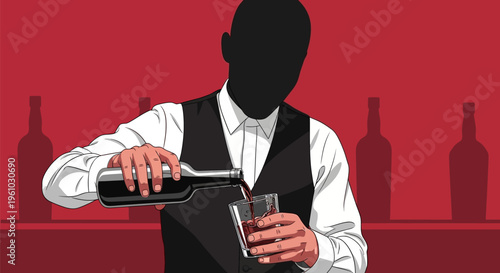 Bartender pouring drink into glass at red bar with bottles