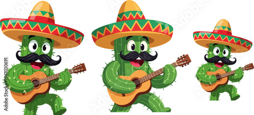 Mexican cactus character with sombrero and guitar, funny mariachi mascot set, cartoon desert plant musician for Cinco de Mayo celebration