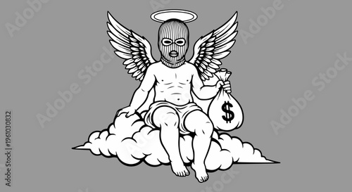Streetwear cherub angel wearing balaclava mask, urban cupid character holding money bag on cloud, black and white vector illustration