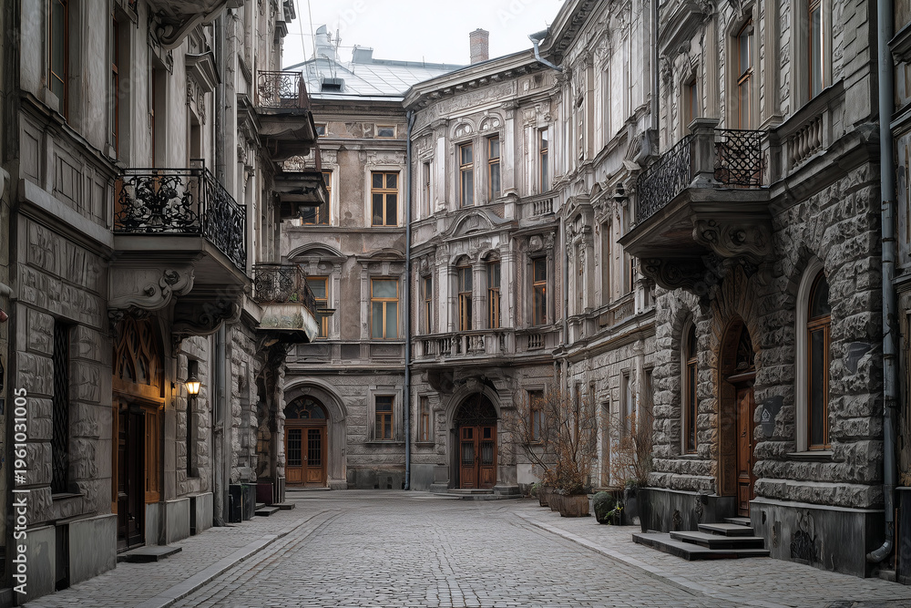Fototapeta premium Historic european street with old stone buildings and architectural details creating classic urban atmosphere ideal for travel photography, heritage themes and city exploration visuals 
