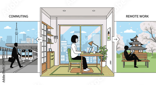 Illustration of a person commuting to an office, working remotely in an indoor setting, and working outdoors in a park with trees and a building.