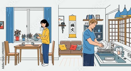 Illustration of a man and woman doing household chores in a modern living room and kitchen with warm tones and everyday objects.