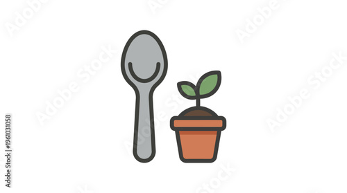 Illustrative icon of a spoon beside a small potted plant, symbolizing new growth and care