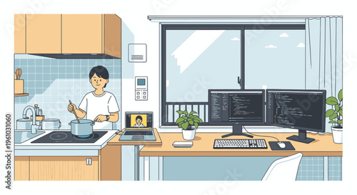 Illustration of a man cooking in a kitchen with computers on a desk in the background, conveying a multitasking scene in a modern home with a casual mood.
