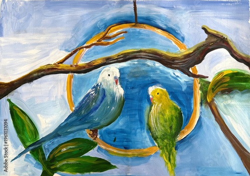 Vibrant Acrylic Painting of Two Colorful Parrots on a Circular Swing