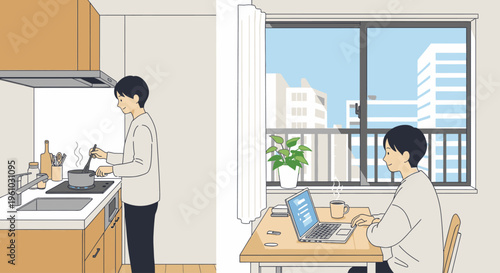 Illustration of a man cooking in a kitchen and another man working on a laptop at a desk with a city view through the window.