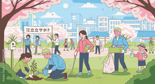 Illustration of a diverse group of people planting trees and cleaning up in a park with cherry blossoms and city buildings in the background on a sunny day.