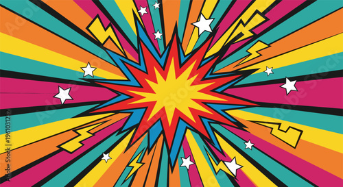 Vibrant comic book explosion with colorful rays and stars in dynamic pop art style for advertising
