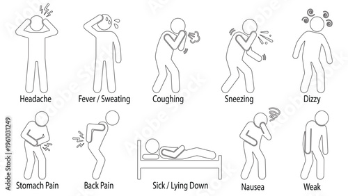 Medical symptoms outline icon bundle. Character icons representing common illnesses, flu, nausea, and body aches for healthcare infographics.