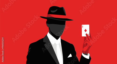Mysterious man in black suit and hat holds a diamond playing card on red background with anonymity and secrecy