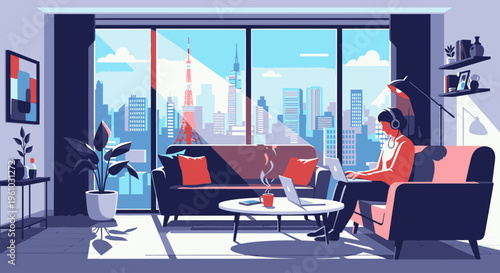 Illustration of a woman sitting on a couch in a modern living room with a cityscape view through a large window.