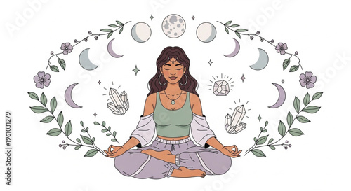 Beautiful bohemian woman meditating in lotus pose surrounded by moon phases, crystals, flowers, and laurel leaves in soft pastel colors on white background. Spiritual wellness and mindfulness.