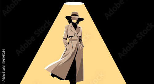 Mysterious woman in beige trench coat and hat standing in spotlight on black background