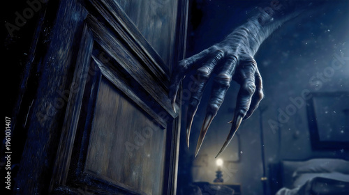 Terrifying scaly monster hand with long sharp claws gripping a dark wooden door frame, nightmarish home invasion concept.