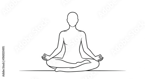 Continuous single line drawing of a person sitting in lotus yoga meditation pose on white background. Minimalist one line art style representing mindfulness, zen, calm, and spiritual wellness concept.