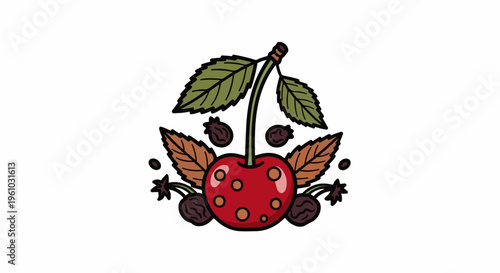 Hand-drawn illustration of a single red cherry surrounded by leaves and berries