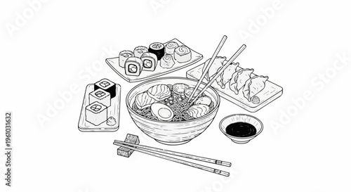 Hand-drawn illustration of a Japanese meal with ramen, sushi, and dumplings