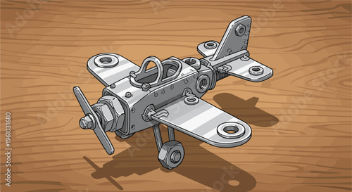 Hand-drawn metallic toy biplane on a wooden surface