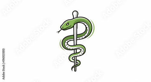 Green snake coiled around a staff with a white rounded top