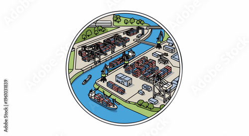 Isometric cartoon illustration of a busy harbor with ships, cranes, and cargo containers