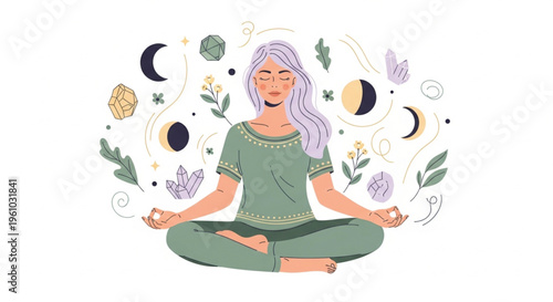 Beautiful silver-haired woman meditating in lotus pose surrounded by moon phases, crystals, leaves, and botanical elements in soft green and pastel colors on white background. Spiritual wellness.
