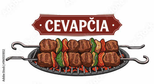 Grilled meat skewers with vegetables cooking over hot coals on a grill