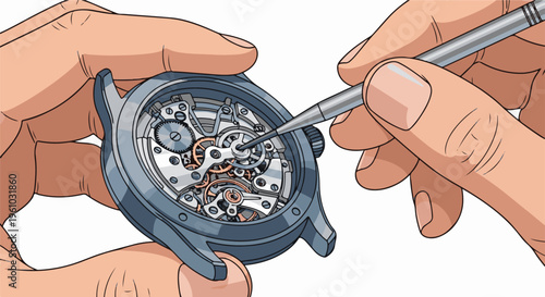 Hands meticulously adjusting intricate watch mechanism with precision tool