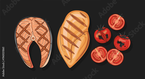 Grilled salmon steak, chicken breast, and sliced tomatoes on a dark background
