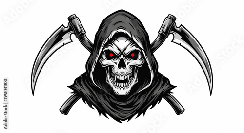 Grim reaper skeleton with red eyes holding two scythes