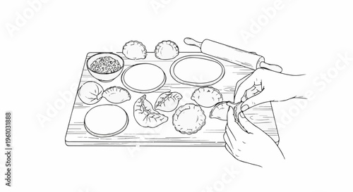 Hands prepare dumplings on a wooden board with a rolling pin and filling