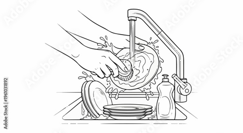 Hands scrubbing dishes under a running faucet with soap beside them