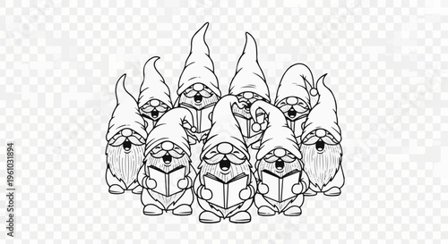 Group of cartoon gnomes with beards and pointy hats singing from books