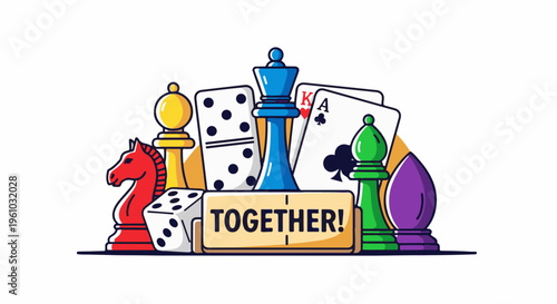Game pieces and playing cards arranged with the word "TOGETHER!