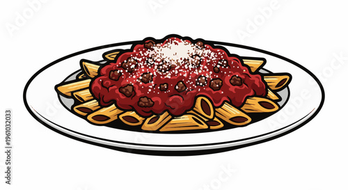 Hearty penne pasta with rich meat sauce and grated cheese