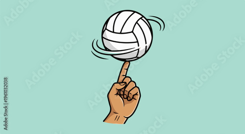 Hand balancing a spinning volleyball on a finger against a teal background