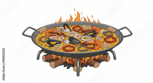 Hearty seafood paella sizzles over an open fire with vibrant ingredients