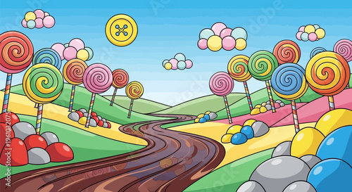 Colorful candy landscape with lollipops and sweets on a winding road