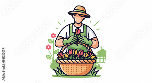 Gardener in straw hat tends colorful tulips in basket with floral backdrop