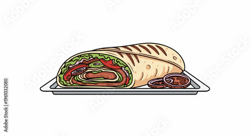 Hearty wrap filled with meat, lettuce, tomato, and onion slices on a tray