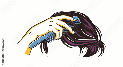 Hand combing dark wavy hair with a blue comb