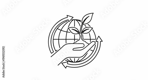 Hand cradling globe with plant, surrounded by recycling arrows